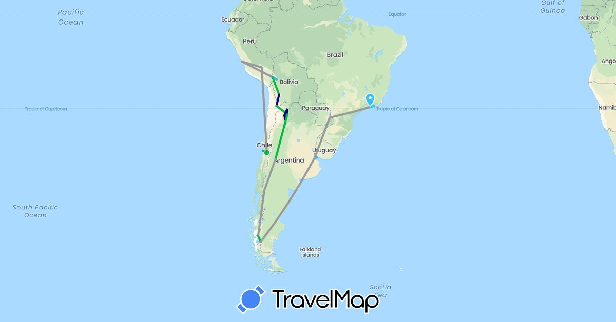 TravelMap itinerary: driving, bus, plane, boat in Argentina, Bolivia, Brazil, Chile, Peru, Uruguay (South America)